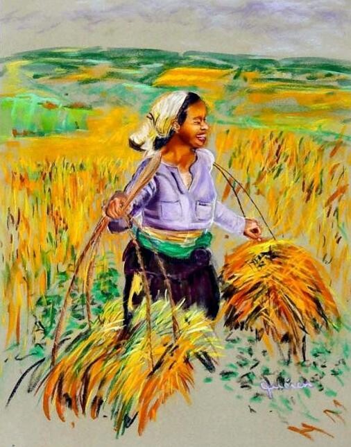 Pintura intitulada "récolte de riz" por Nelly Quéré Cougard, Obras de arte originais, Óleo