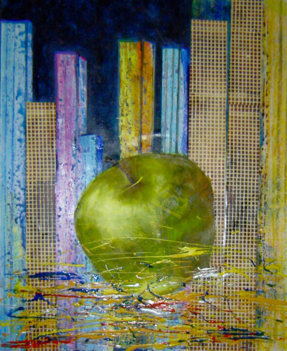 Peinture intitulée "La grosse pomme" par Nelly Quéré Cougard, Œuvre d'art originale, Huile