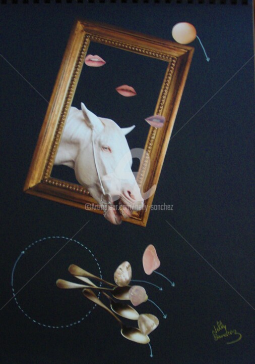 Collages intitolato "Le Cheval du tiroir…" da Nelly Sanchez, Opera d'arte originale, Collages