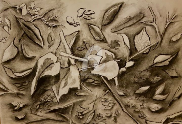 Рисунок под названием "feuilles d'automne" - Nelly Coudoux, Подлинное произведение искусства, Древесный уголь