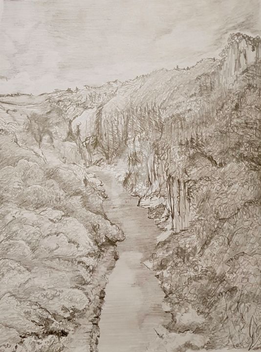 Drawing titled "la vallée" by Nelly Coudoux, Original Artwork, Pencil