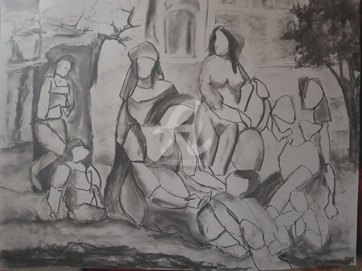 Рисунок под названием "Déjeuner sur l'herbe" - Nelly Coudoux, Подлинное произведение искусства, Древесный уголь
