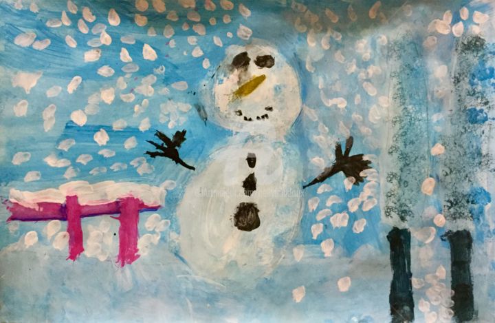 Peinture intitulée "Bonhomme de neige" par Nelly Coudoux, Œuvre d'art originale, Gouache