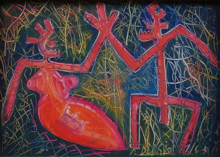 Pintura titulada "pareja-en-la-selva-…" por Nelson Del Rio, Obra de arte original, Oleo