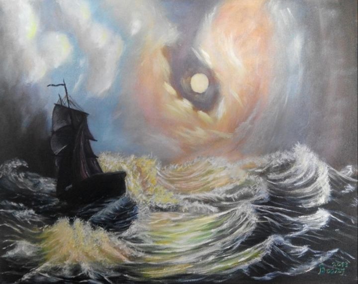 Painting titled "Ship in the night" by I. Boar_art, Original Artwork, Oil