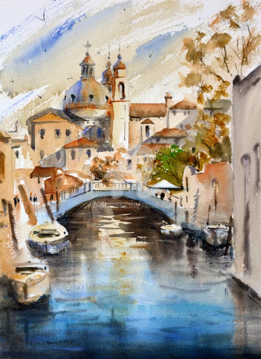 Painting titled "Venice Canal in red…" by Nenad Kojić, Original Artwork, Watercolor