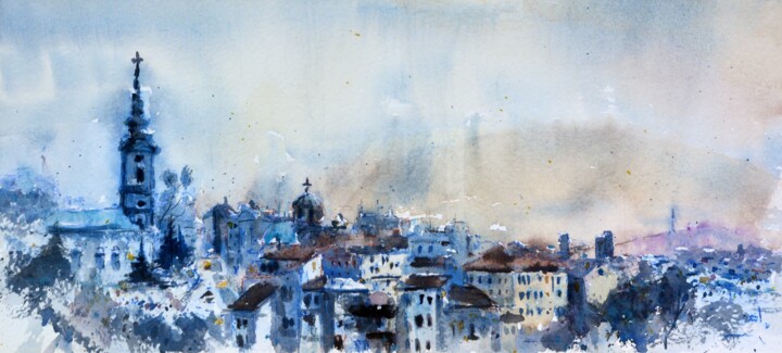 Painting titled "Belgrade old town v…" by Nenad Kojić Watercolorist, Original Art, Watercolor