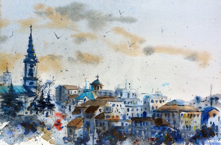 Painting titled "Belgrade warm roofs…" by Nenad Kojić Watercolorist, Original Art, Watercolor