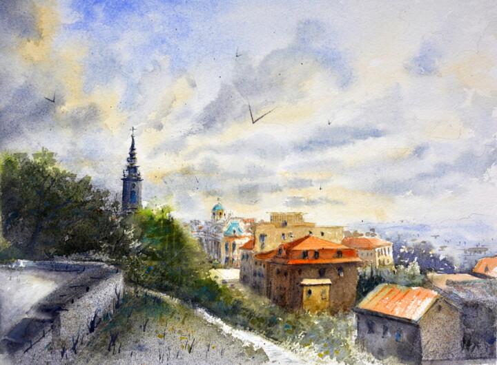 Painting titled "Nebo nad Sava-malom…" by Nenad Kojić, Original Artwork, Watercolor
