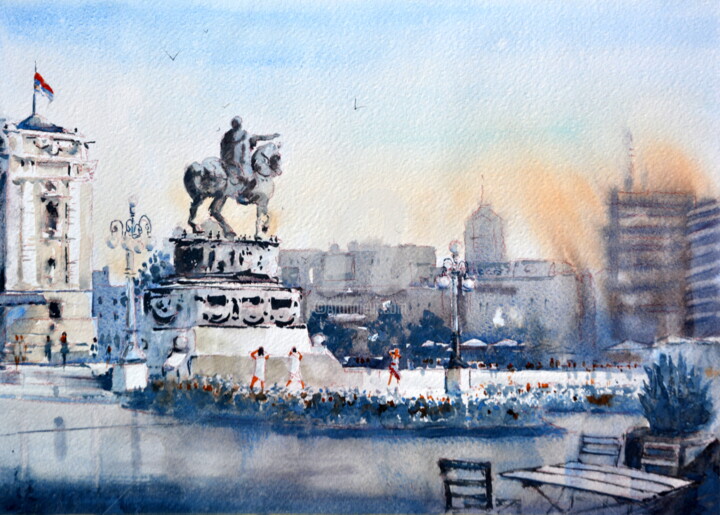 Painting titled "Blue day at Old Rep…" by Nenad Kojić, Original Artwork, Watercolor