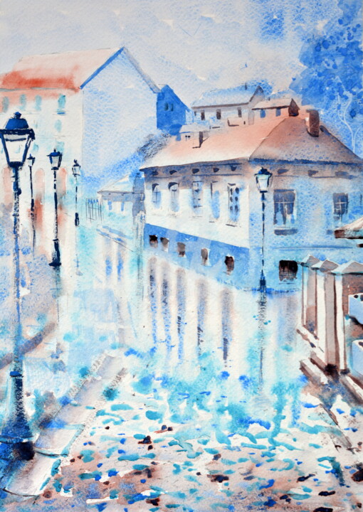 Картина под названием "Blue and wet Skadar…" - Nenad Kojić, Подлинное произведение искусства, Акварель
