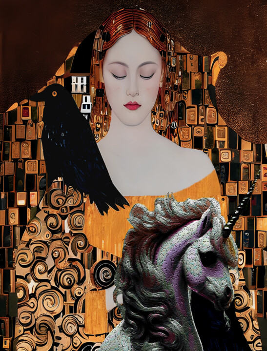 「Red Lady and Unicorn」というタイトルのデジタルアーツ Nilson Eric Gonzalez Castroによって, オリジナルのアートワーク, デジタルコラージュ