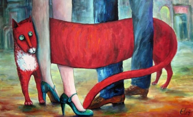 Pittura intitolato "TANGO-CAT" da Nesis Elisheva (Eli7), Opera d'arte originale, Olio