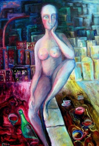 Painting titled "WINE & COFFEE" by Nesis Elisheva (Eli7), Original Artwork, Oil