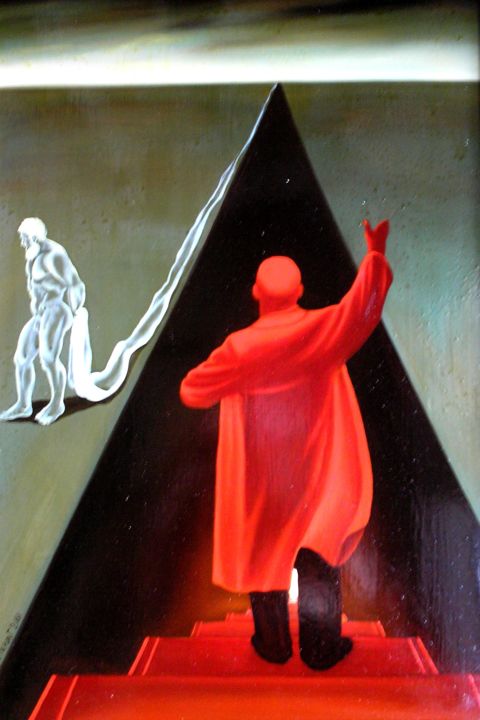 Painting titled "Ленин спускается в…" by Gennadii Nesterov, Original Artwork, Oil Mounted on Cardboard