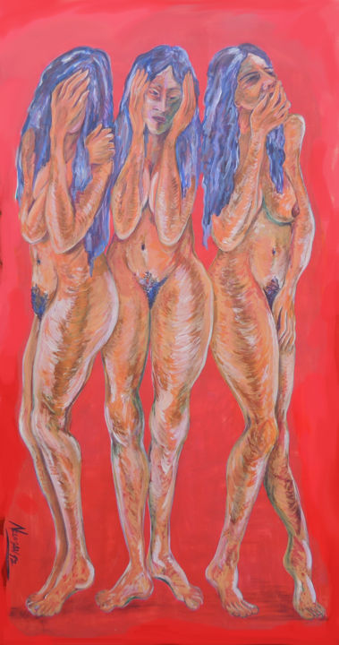 Painting titled "Las tres monas" by Lisarco Namune, Original Artwork, Acrylic