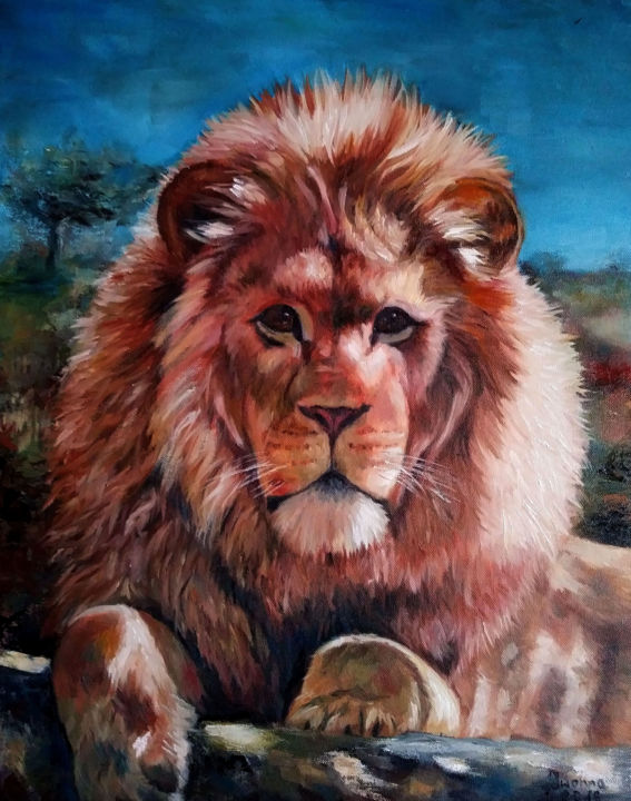 Painting titled "Lion" by Iwonna Salak, Original Artwork, Oil Mounted on Wood Stretcher frame