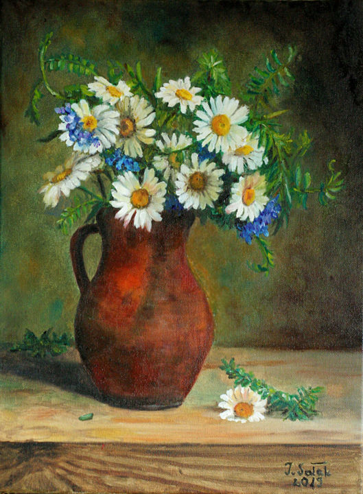 Painting titled "Daisies" by Iwonna Salak, Original Artwork, Oil Mounted on Wood Stretcher frame