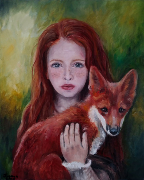 Pittura intitolato "The girl and a fox" da Iwonna Salak, Opera d'arte originale, Olio Montato su Telaio per barella in legno
