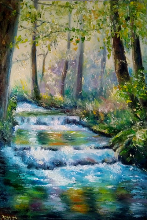 Painting titled "Creek" by Iwonna Salak, Original Artwork, Oil Mounted on Wood Stretcher frame