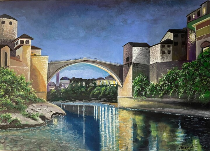 Painting titled ""Stari Most u Mosta…" by Nezir Sarac, Original Artwork, Oil Mounted on Wood Stretcher frame