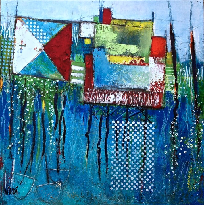 Painting titled "Cabanes sur l'eau" by Nadine Falguieres (NADI), Original Artwork, Acrylic