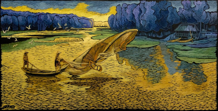 Painting titled "Sunrise on the river" by Nga Tran, Original Artwork, Oil