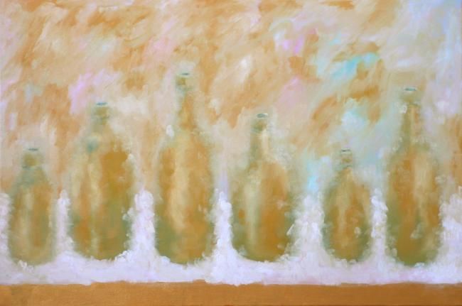 Картина под названием "Six bottles in gold" - Ng Ka Yan, Подлинное произведение искусства, Масло