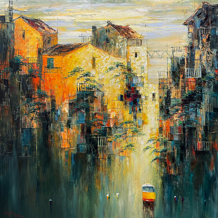 Painting titled "The fall sad moment" by Ngoc Quan Le, Original Artwork, Oil Mounted on Wood Panel