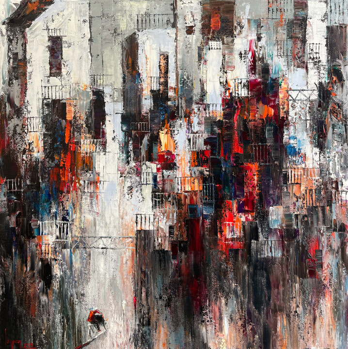 Painting titled "Old street" by Ngoc Quan Le, Original Artwork, Oil
