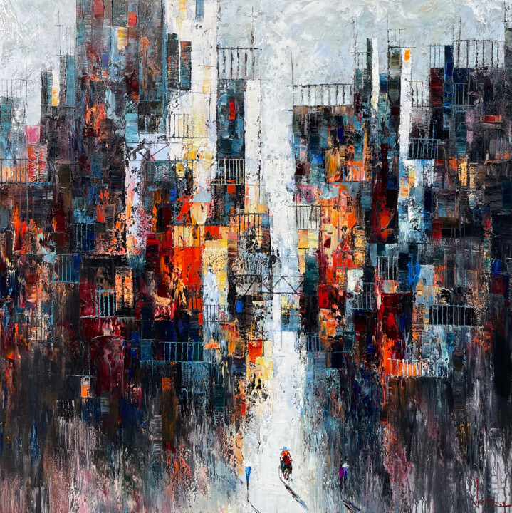 Painting titled "Old street afternoon" by Ngoc Quan Le, Original Artwork, Oil