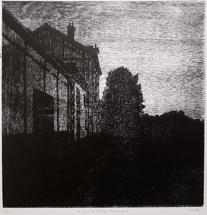 Printmaking titled "La gare de Meulan-H…" by Nicolas Goulette, Original Artwork, Xylography