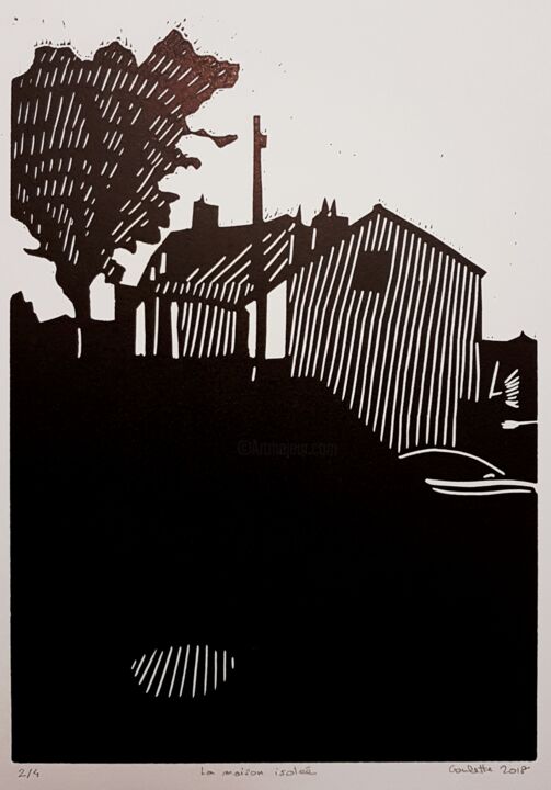 Druckgrafik mit dem Titel "La maison isolée" von Nicolas Goulette, Original-Kunstwerk, Linoldrucke