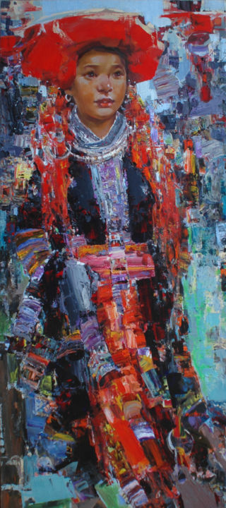 Painting titled "Red Dao Lady" by Ha Nguy Dinh, Original Art, Oil