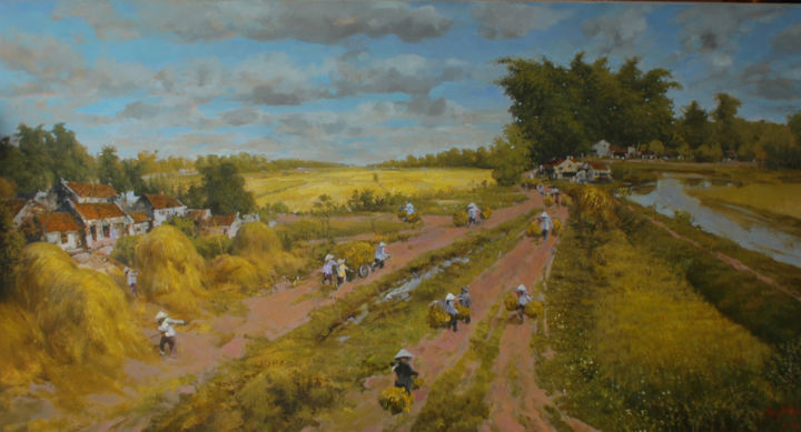 Painting titled "Harvest Season" by Ha Nguy Dinh, Original Artwork, Oil