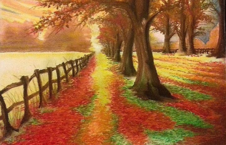 Peinture intitulée "Chemin d'automne" par Fanny Salvador, Œuvre d'art originale, Pastel