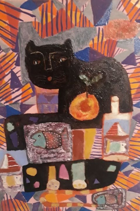 Painting titled "Gato" by Asfaduroff Nibbes, Original Artwork, Encaustic