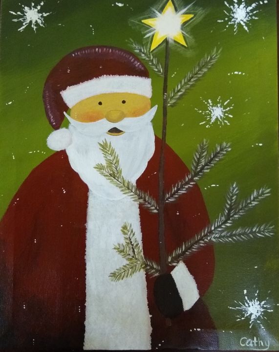 Painting titled "Père Noël" by Cathy D., Original Artwork, Acrylic Mounted on Wood Stretcher frame