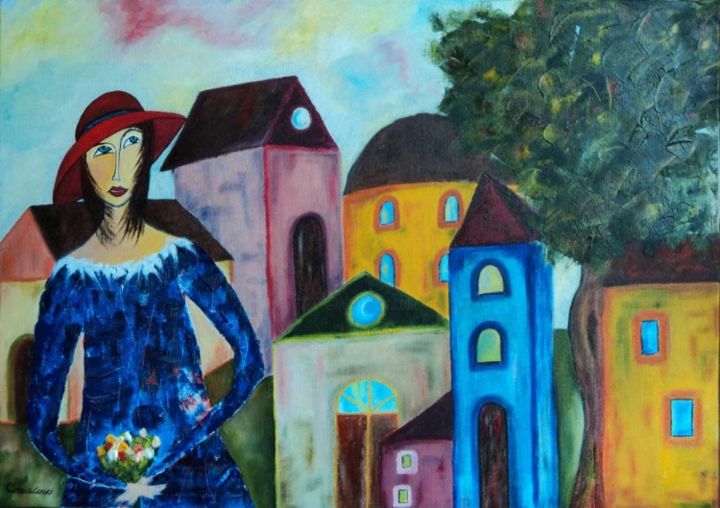 Pittura intitolato "la ragazza con il c…" da Cinzia Corvo (Nic), Opera d'arte originale, Olio