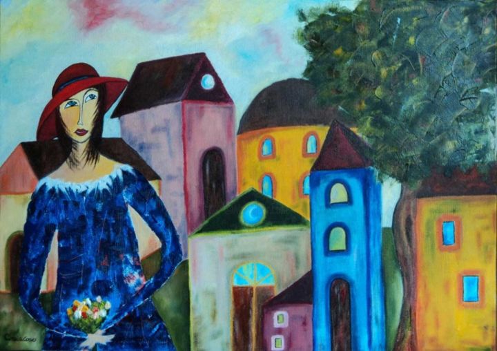 Painting titled "la ragazza con il c…" by Cinzia Corvo (Nic), Original Artwork, Oil