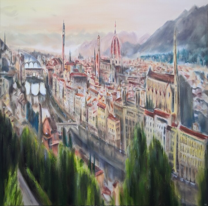 Painting titled "Florence Aerial View" by Nick Pike, Original Artwork, Oil