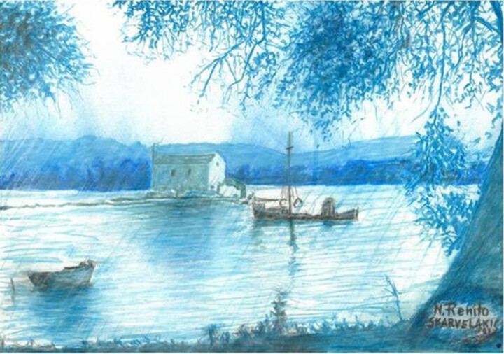 Drawing titled "Island Scene" by Nick Skarvelakis, Original Artwork, Pastel