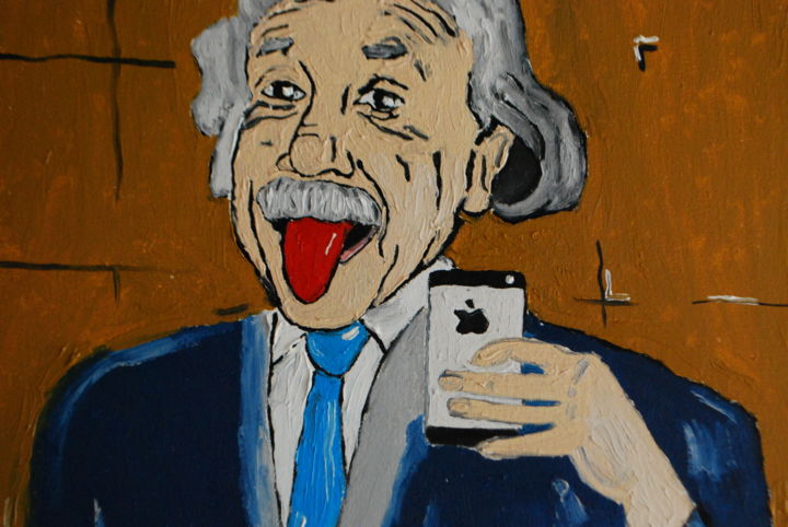Painting titled "Albert Einstein tak…" by Nick Kaliberda, Original Artwork, Oil Mounted on Wood Stretcher frame