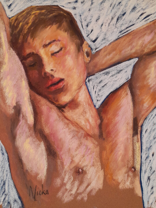 Malarstwo zatytułowany „HOMME 2 ENDORMI” autorstwa Nicko, Oryginalna praca, Pastel