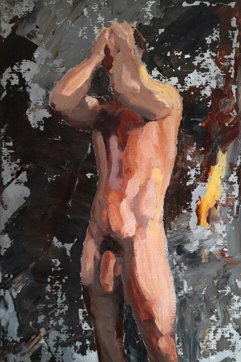 Painting titled "HOMME NU SOUS LA DO…" by Nicko, Original Artwork, Oil