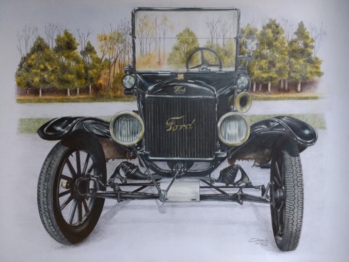 Painting titled "The Old Car" by Nicky Chiarello, Original Artwork, Pencil
