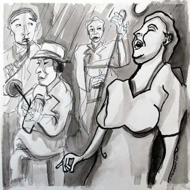 Tekening getiteld "Lady Sings The Blues" door Nicky Fitzgerald, Origineel Kunstwerk, Inkt