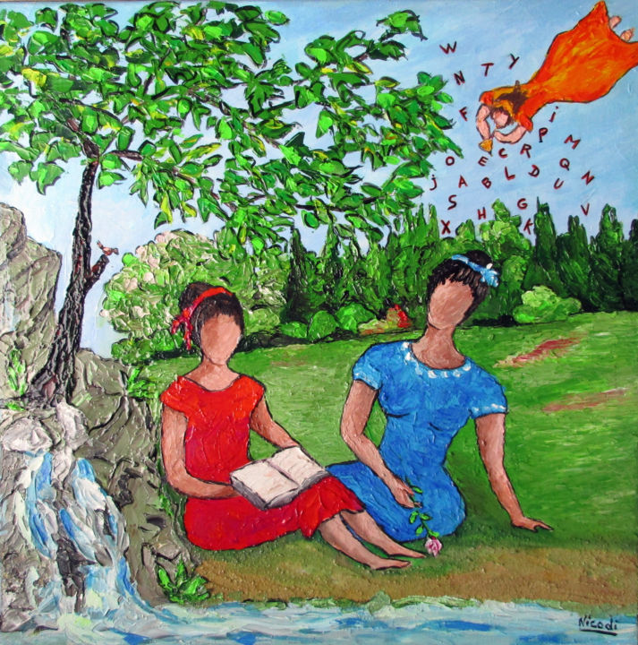 Painting titled "LA LECTURE" by Nicodi, Original Artwork, Acrylic