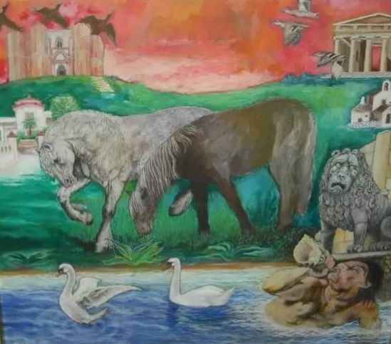 Painting titled "Paesaggio arcaico" by Nicola Magrone, Original Art, Oil