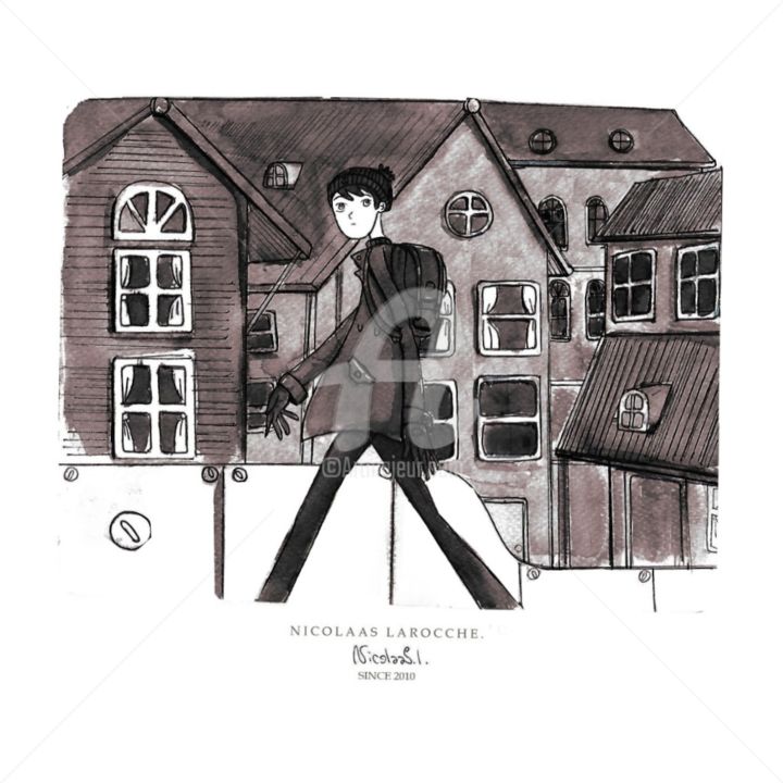 Dibujo titulada "En el pueblo de los…" por Nicolaas Larocche, Obra de arte original, Acuarela